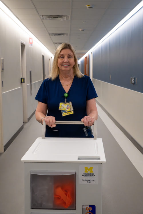 Susan Papa preparing to hit the floors with her phlebotomy cart.